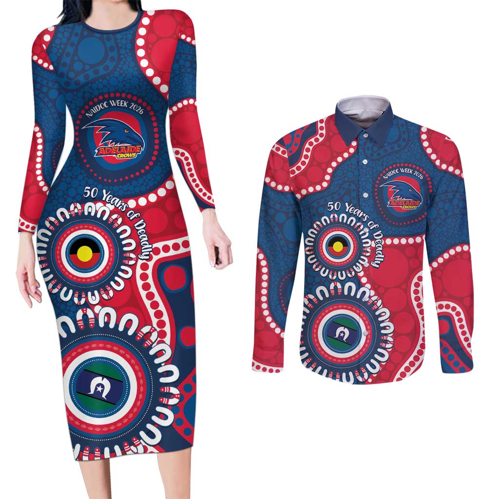 Adelaide Crows NAIDOC 2026 Personalised Couples Matching Long Sleeve Bodycon Dress and Long Sleeve Button Shirt 50 Years of Deadly Aboriginal Art