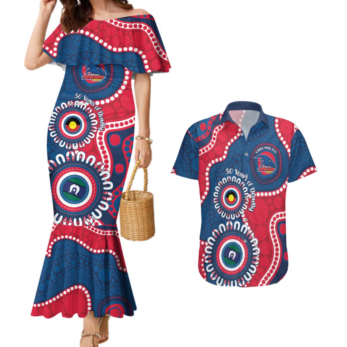 Adelaide Crows NAIDOC 2026 Personalised Couples Matching Mermaid Dress and Hawaiian Shirt 50 Years of Deadly Aboriginal Art