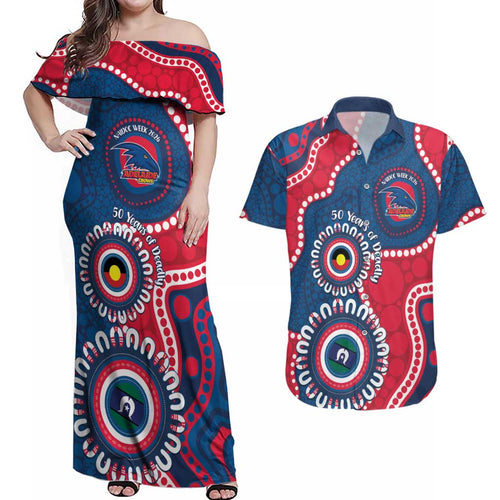Adelaide Crows NAIDOC 2026 Personalised Couples Matching Off Shoulder Maxi Dress and Hawaiian Shirt 50 Years of Deadly Aboriginal Art
