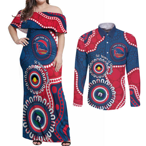 Adelaide Crows NAIDOC 2026 Personalised Couples Matching Off Shoulder Maxi Dress and Long Sleeve Button Shirt 50 Years of Deadly Aboriginal Art
