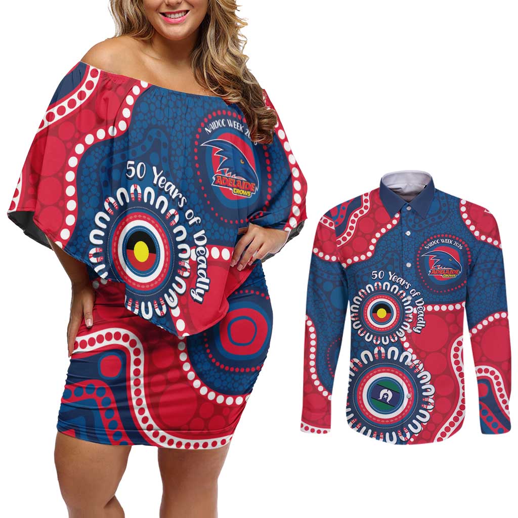 Adelaide Crows NAIDOC 2026 Personalised Couples Matching Off Shoulder Short Dress and Long Sleeve Button Shirt 50 Years of Deadly Aboriginal Art