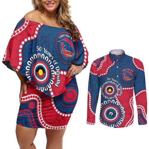 Adelaide Crows NAIDOC 2026 Personalised Couples Matching Off Shoulder Short Dress and Long Sleeve Button Shirt 50 Years of Deadly Aboriginal Art