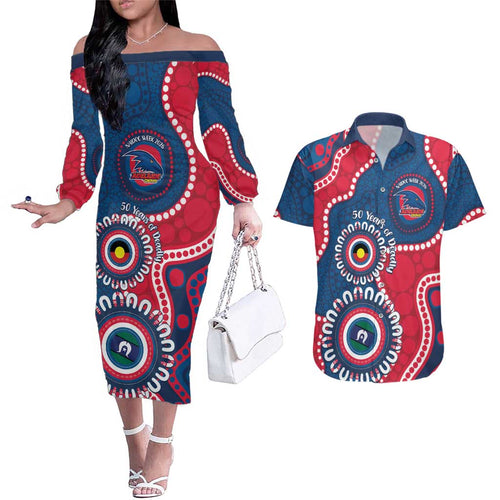Adelaide Crows NAIDOC 2026 Personalised Couples Matching Off The Shoulder Long Sleeve Dress and Hawaiian Shirt 50 Years of Deadly Aboriginal Art