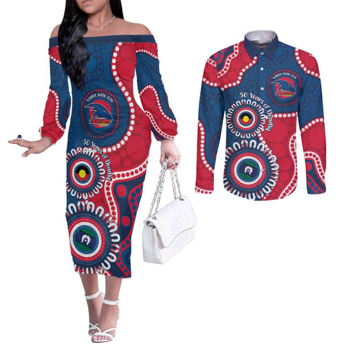 Adelaide Crows NAIDOC 2026 Personalised Couples Matching Off The Shoulder Long Sleeve Dress and Long Sleeve Button Shirt 50 Years of Deadly Aboriginal Art