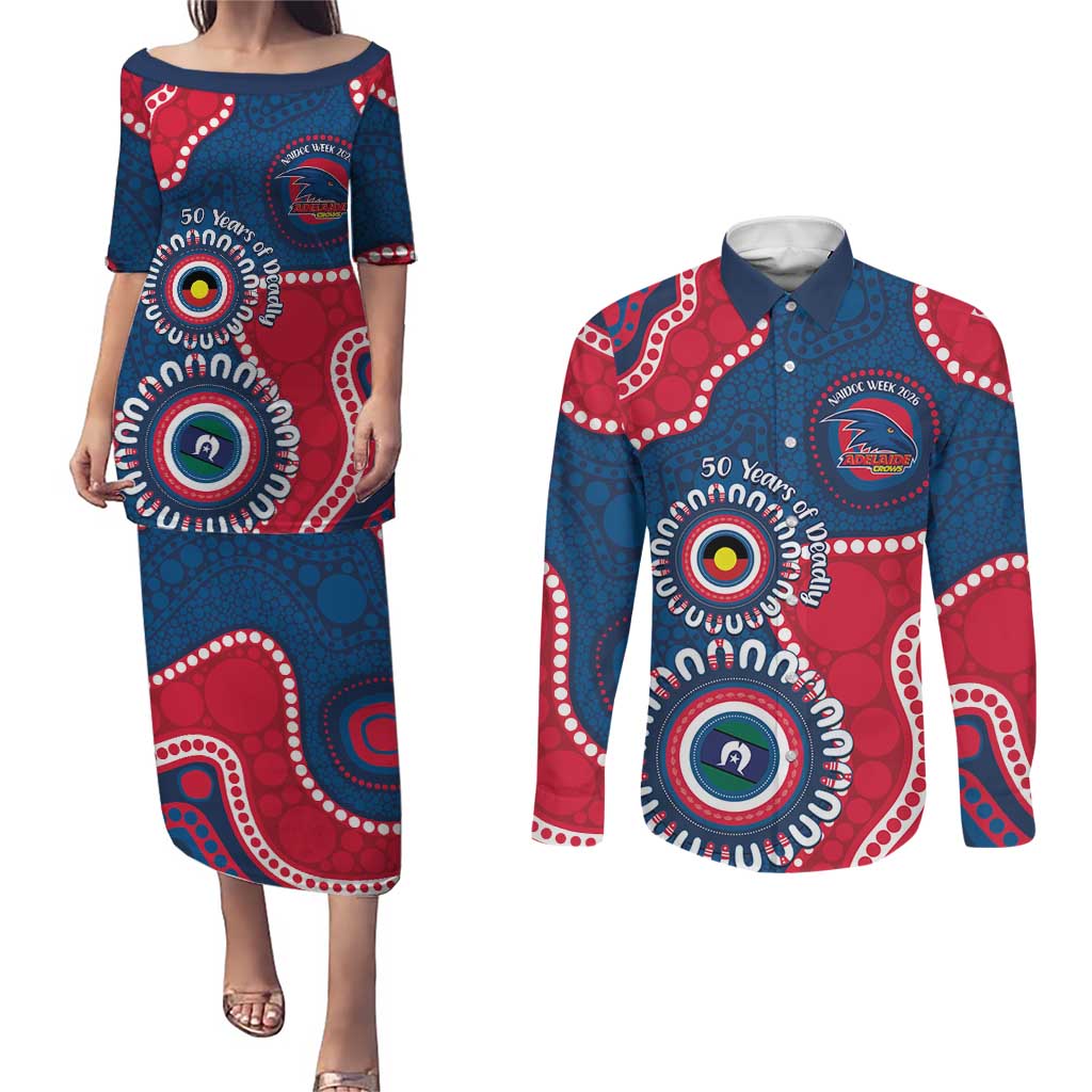 Adelaide Crows NAIDOC 2026 Personalised Couples Matching Puletasi and Long Sleeve Button Shirt 50 Years of Deadly Aboriginal Art
