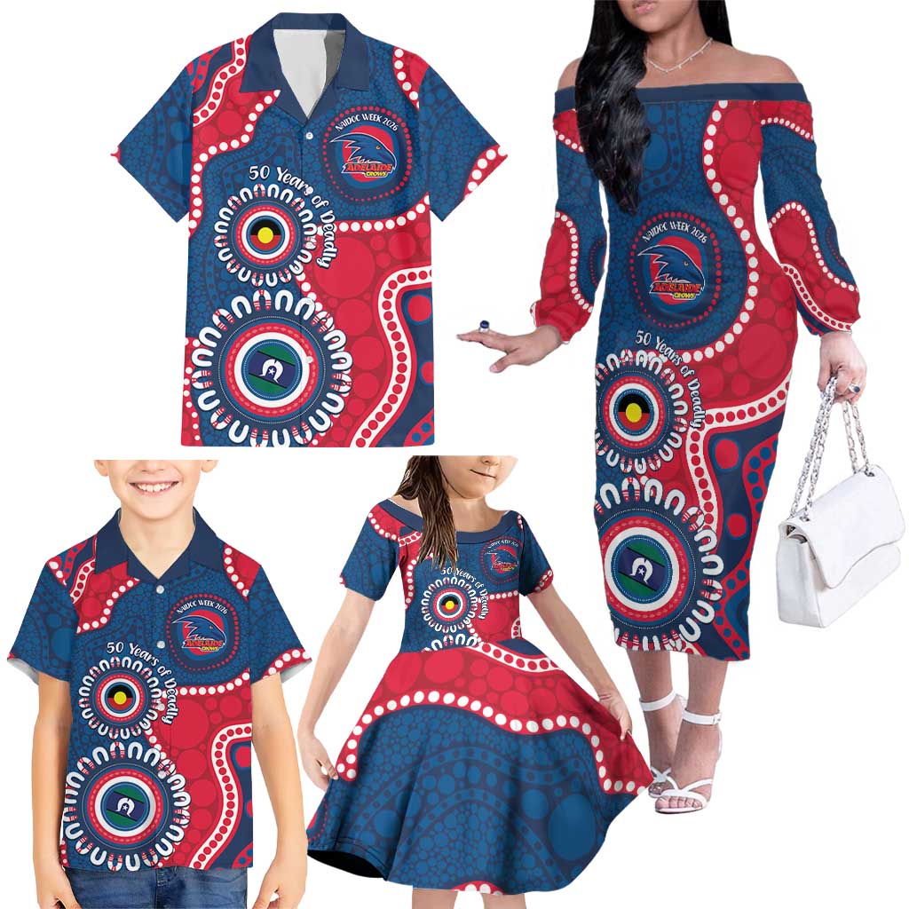 Adelaide Crows NAIDOC 2026 Personalised Family Matching Off The Shoulder Long Sleeve Dress and Hawaiian Shirt 50 Years of Deadly Aboriginal Art
