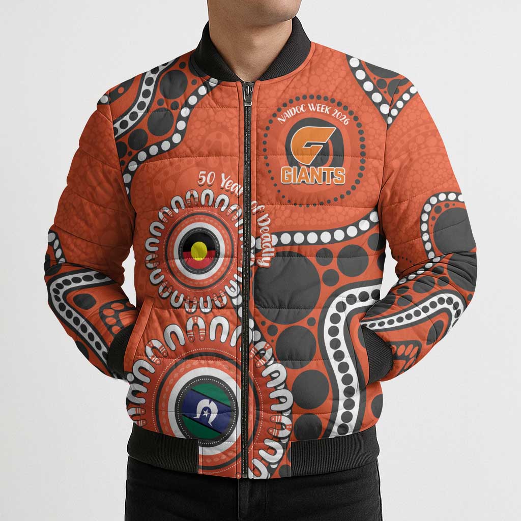 Giants NAIDOC 2026 Personalised Bomber Puffer Jacket 50 Years of Deadly Aboriginal Art