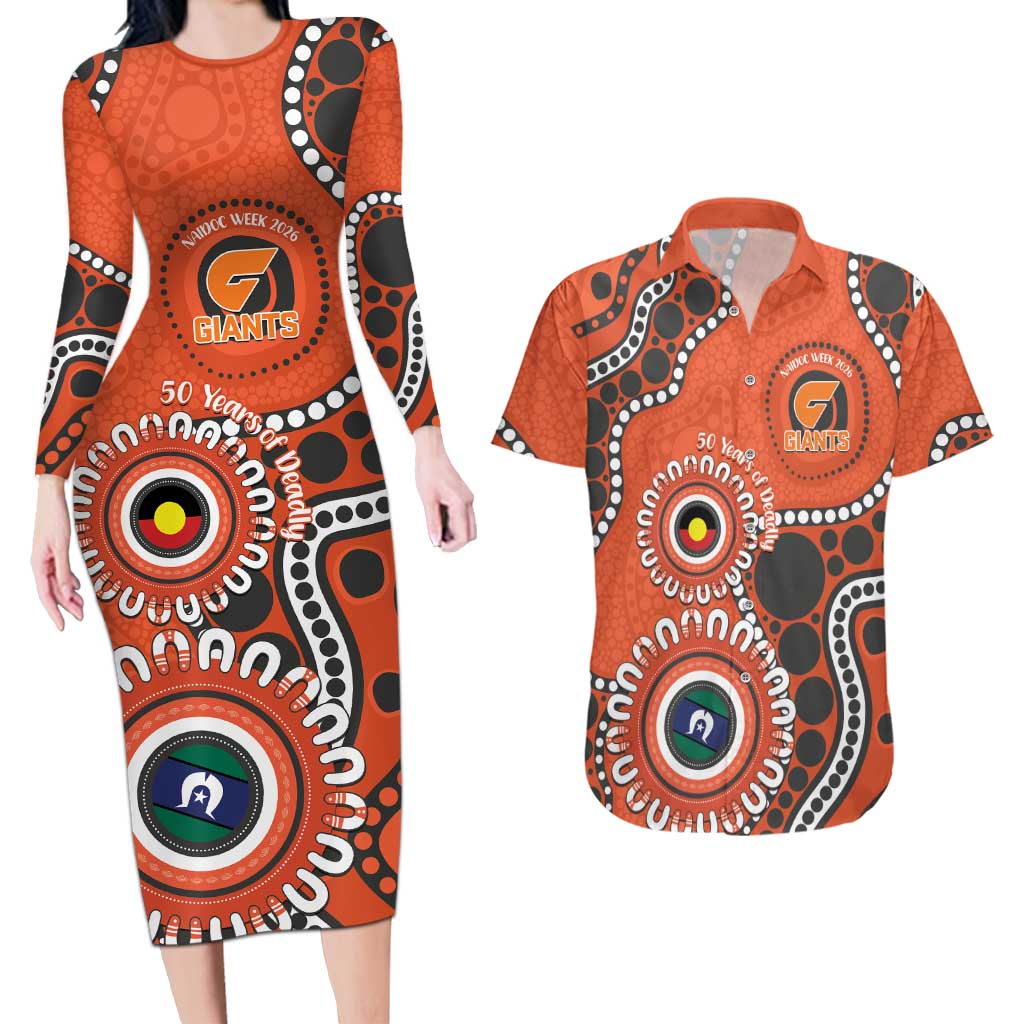 Giants NAIDOC 2026 Personalised Couples Matching Long Sleeve Bodycon Dress and Hawaiian Shirt 50 Years of Deadly Aboriginal Art