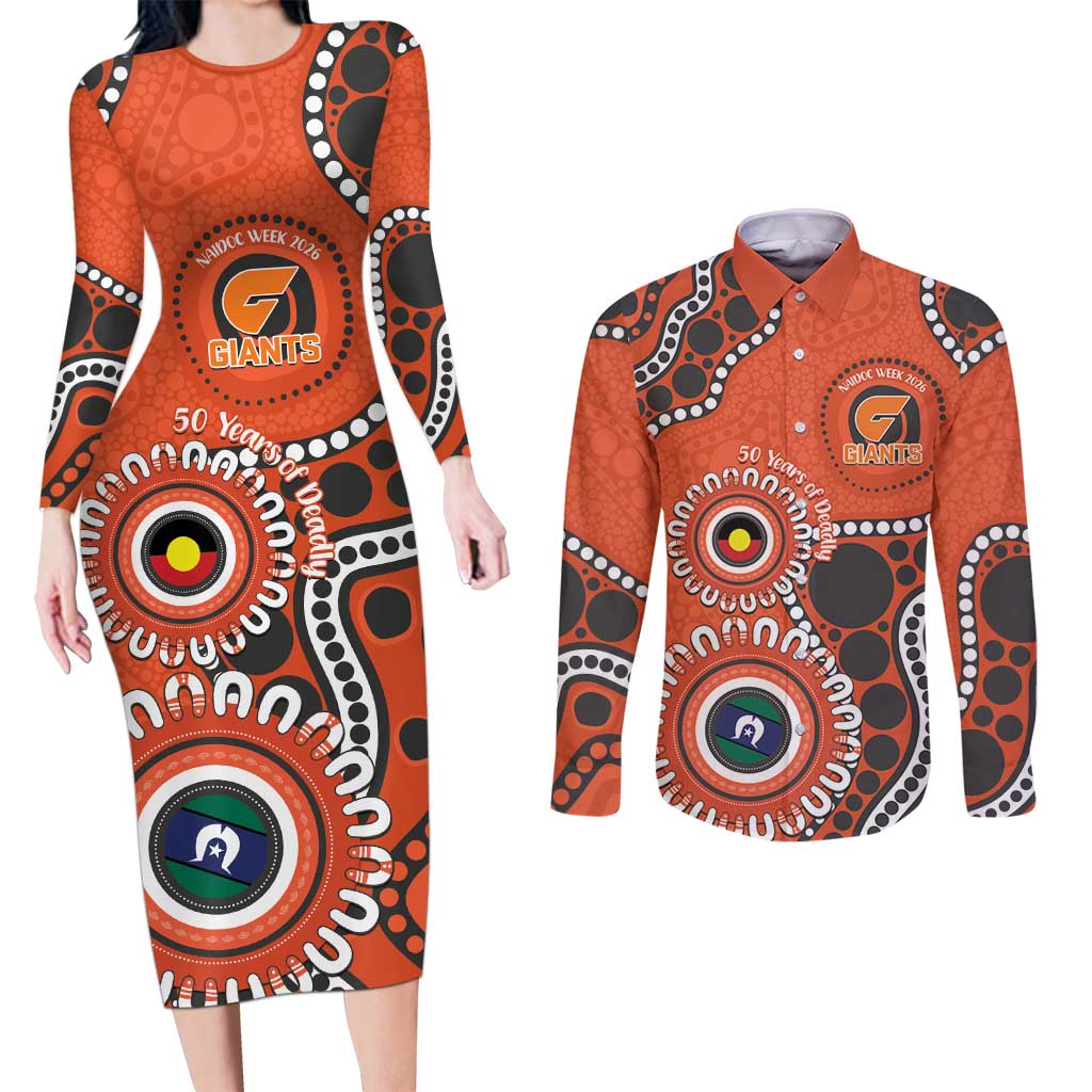 Giants NAIDOC 2026 Personalised Couples Matching Long Sleeve Bodycon Dress and Long Sleeve Button Shirt 50 Years of Deadly Aboriginal Art