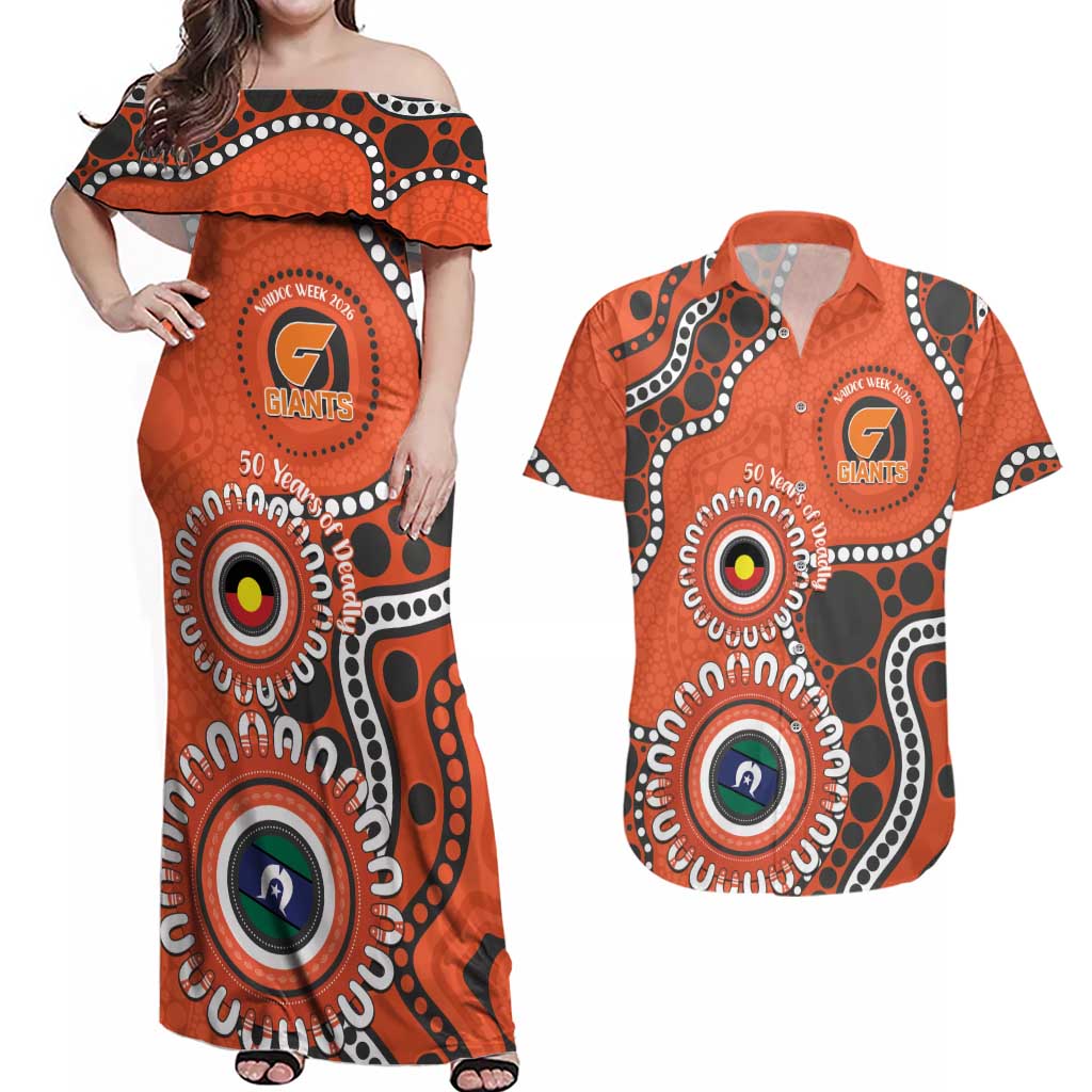 Giants NAIDOC 2026 Personalised Couples Matching Off Shoulder Maxi Dress and Hawaiian Shirt 50 Years of Deadly Aboriginal Art