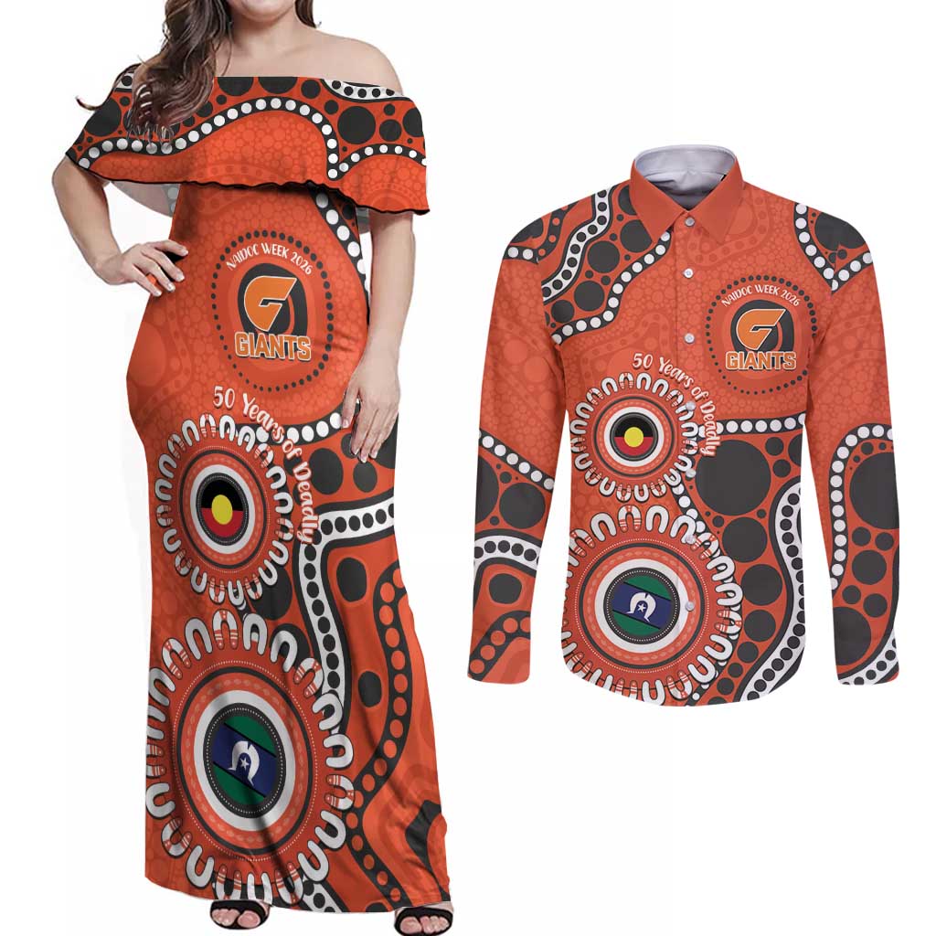 Giants NAIDOC 2026 Personalised Couples Matching Off Shoulder Maxi Dress and Long Sleeve Button Shirt 50 Years of Deadly Aboriginal Art