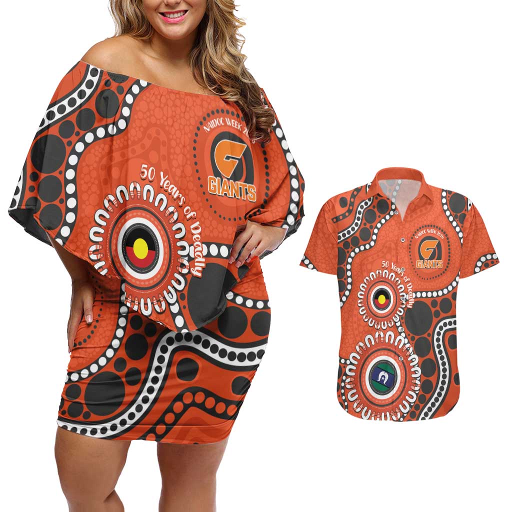 Giants NAIDOC 2026 Personalised Couples Matching Off Shoulder Short Dress and Hawaiian Shirt 50 Years of Deadly Aboriginal Art
