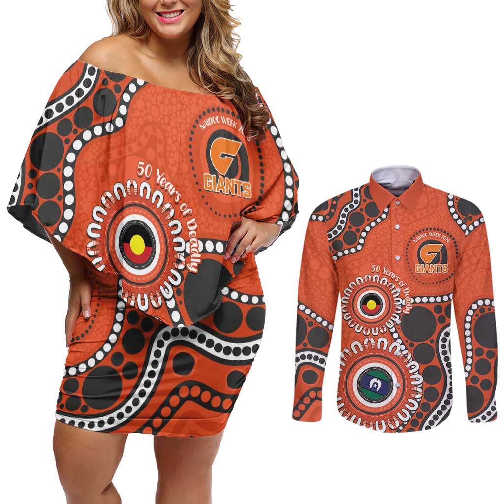 Giants NAIDOC 2026 Personalised Couples Matching Off Shoulder Short Dress and Long Sleeve Button Shirt 50 Years of Deadly Aboriginal Art