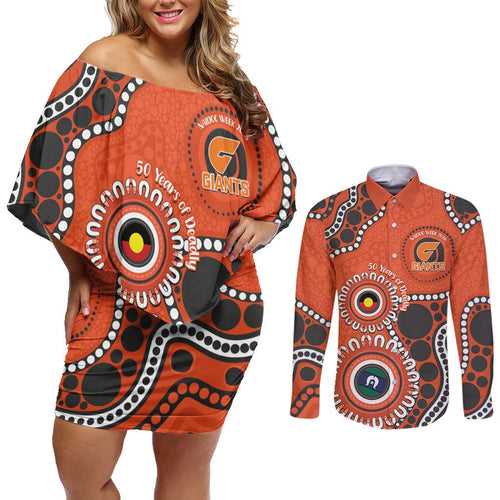 Giants NAIDOC 2026 Personalised Couples Matching Off Shoulder Short Dress and Long Sleeve Button Shirt 50 Years of Deadly Aboriginal Art