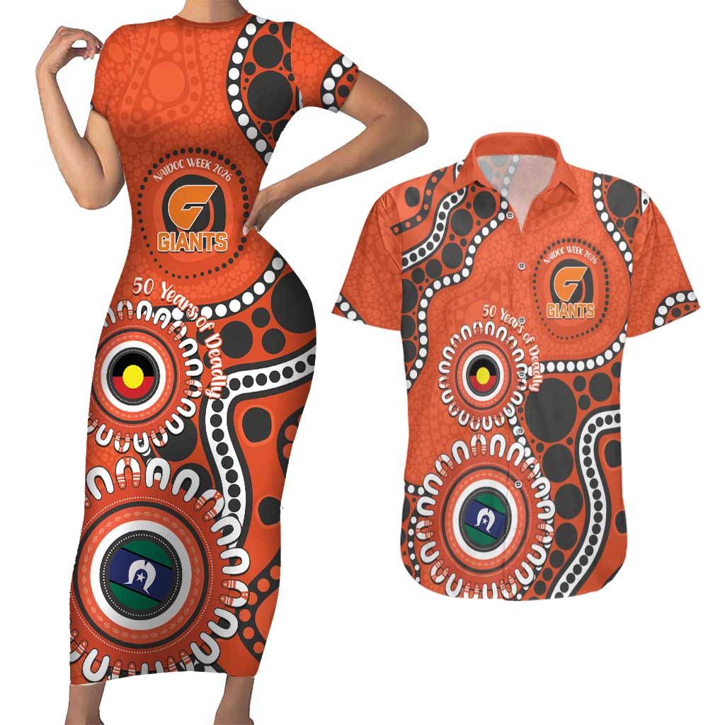 Giants NAIDOC 2026 Personalised Couples Matching Short Sleeve Bodycon Dress and Hawaiian Shirt 50 Years of Deadly Aboriginal Art