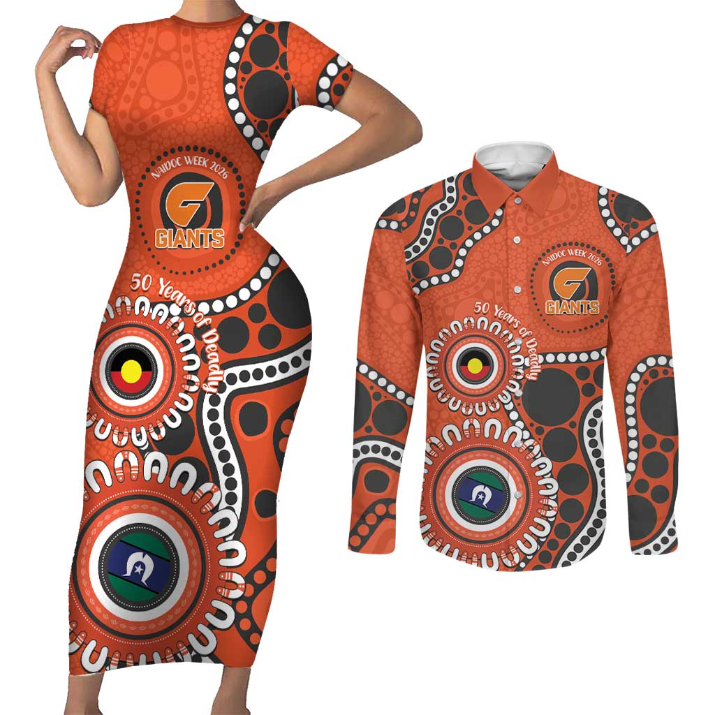 Giants NAIDOC 2026 Personalised Couples Matching Short Sleeve Bodycon Dress and Long Sleeve Button Shirt 50 Years of Deadly Aboriginal Art