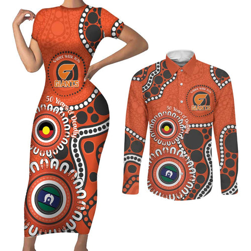 Giants NAIDOC 2026 Personalised Couples Matching Short Sleeve Bodycon Dress and Long Sleeve Button Shirt 50 Years of Deadly Aboriginal Art