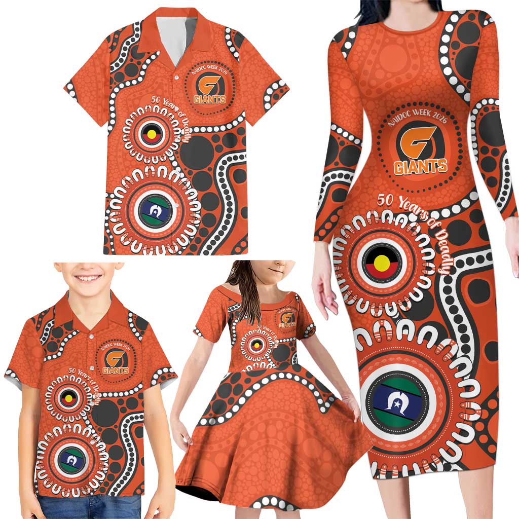Giants NAIDOC 2026 Personalised Family Matching Long Sleeve Bodycon Dress and Hawaiian Shirt 50 Years of Deadly Aboriginal Art