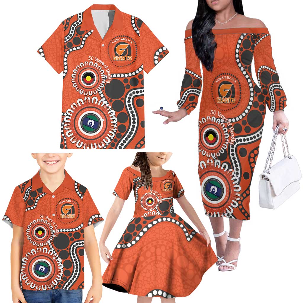Giants NAIDOC 2026 Personalised Family Matching Off The Shoulder Long Sleeve Dress and Hawaiian Shirt 50 Years of Deadly Aboriginal Art