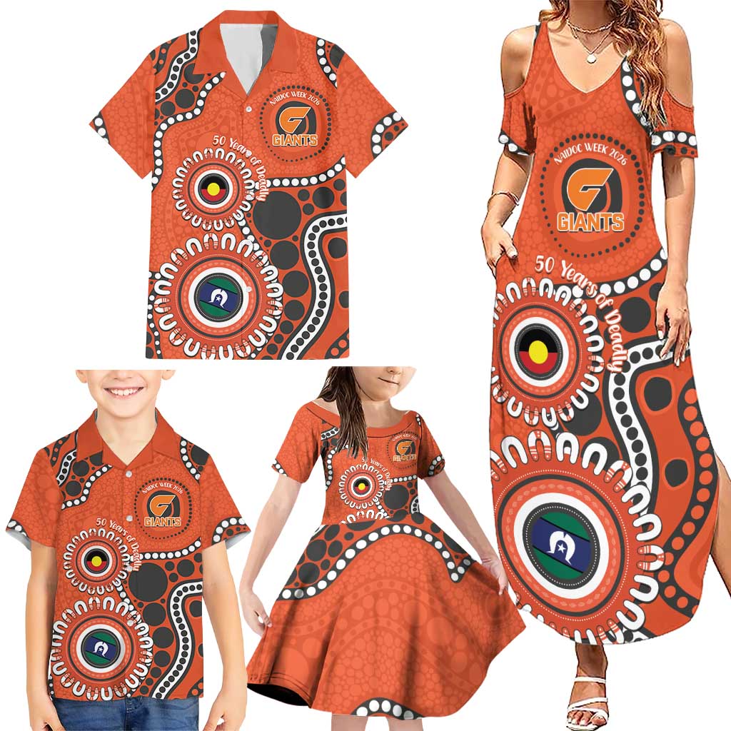 Giants NAIDOC 2026 Personalised Family Matching Summer Maxi Dress and Hawaiian Shirt 50 Years of Deadly Aboriginal Art