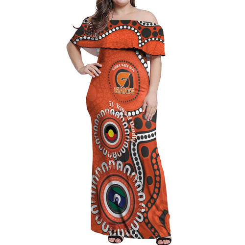 Giants NAIDOC 2026 Personalised Off Shoulder Maxi Dress 50 Years of Deadly Aboriginal Art