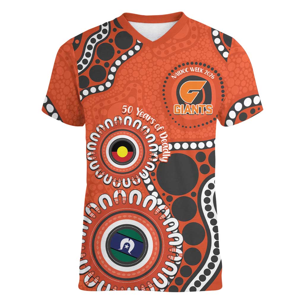 Giants NAIDOC 2026 Personalised Women V-Neck T-Shirt 50 Years of Deadly Aboriginal Art