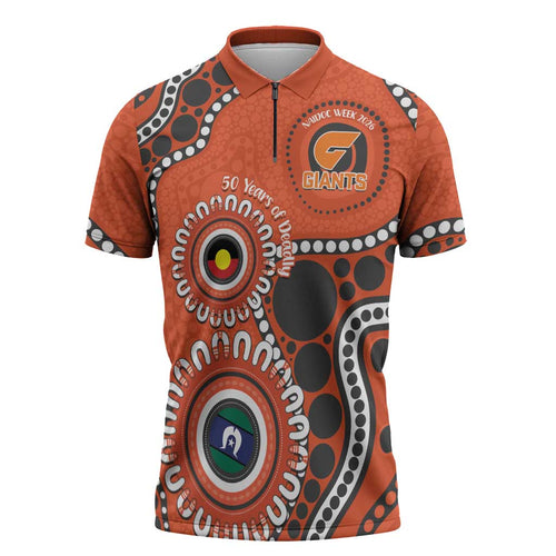 Giants NAIDOC 2026 Personalised Zipper Polo Shirt 50 Years of Deadly Aboriginal Art