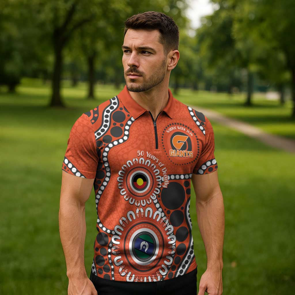 Giants NAIDOC 2026 Personalised Zipper Polo Shirt 50 Years of Deadly Aboriginal Art