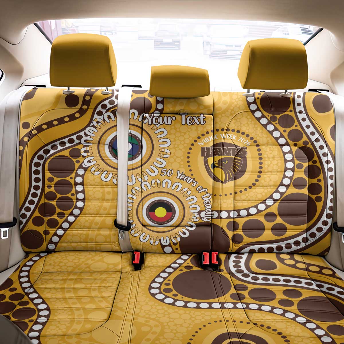 Hawthorn NAIDOC 2026 Personalised Back Car Seat Cover 50 Years of Deadly Aboriginal Art