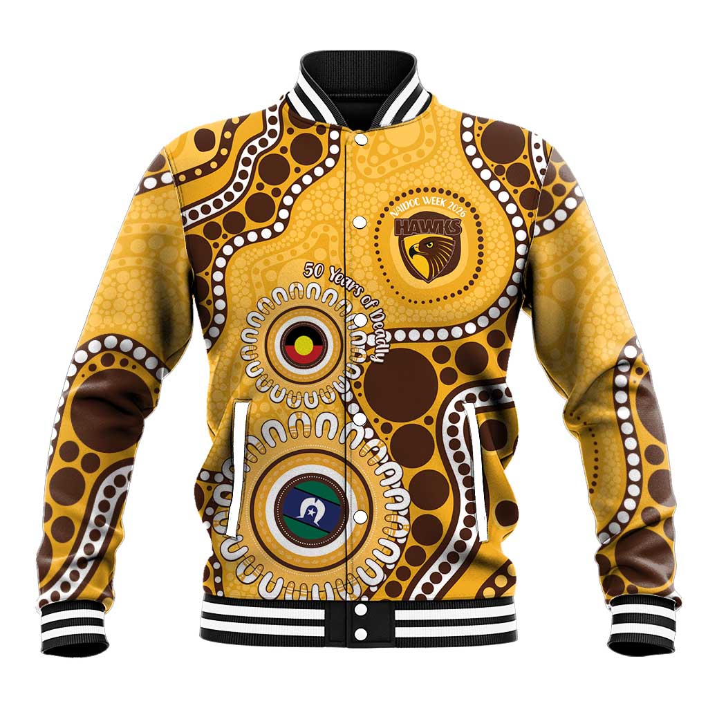 Hawthorn NAIDOC 2026 Personalised Baseball Jacket 50 Years of Deadly Aboriginal Art