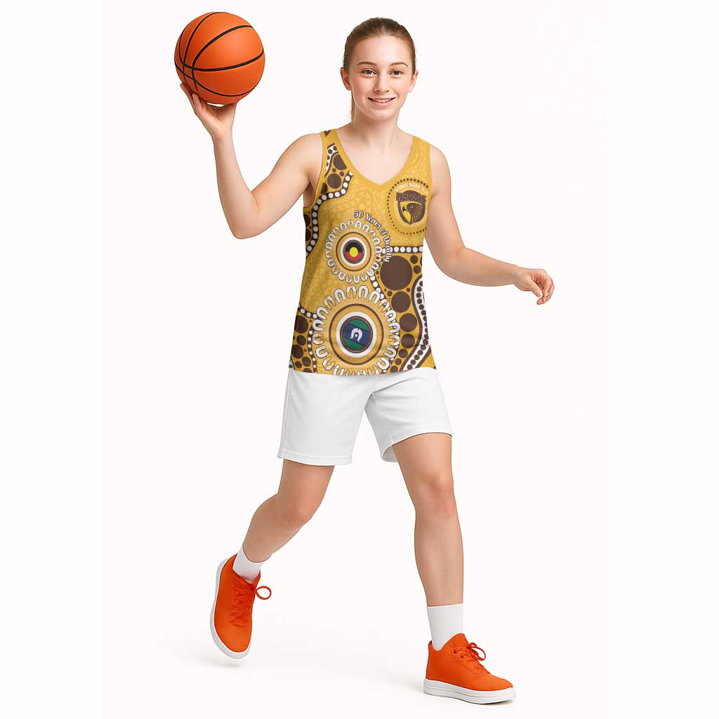 Hawthorn NAIDOC 2026 Personalised Basketball Jersey 50 Years of Deadly Aboriginal Art