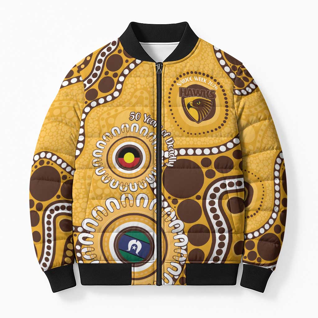 Hawthorn NAIDOC 2026 Personalised Bomber Puffer Jacket 50 Years of Deadly Aboriginal Art
