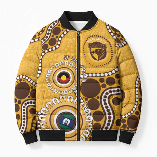 Hawthorn NAIDOC 2026 Personalised Bomber Puffer Jacket 50 Years of Deadly Aboriginal Art