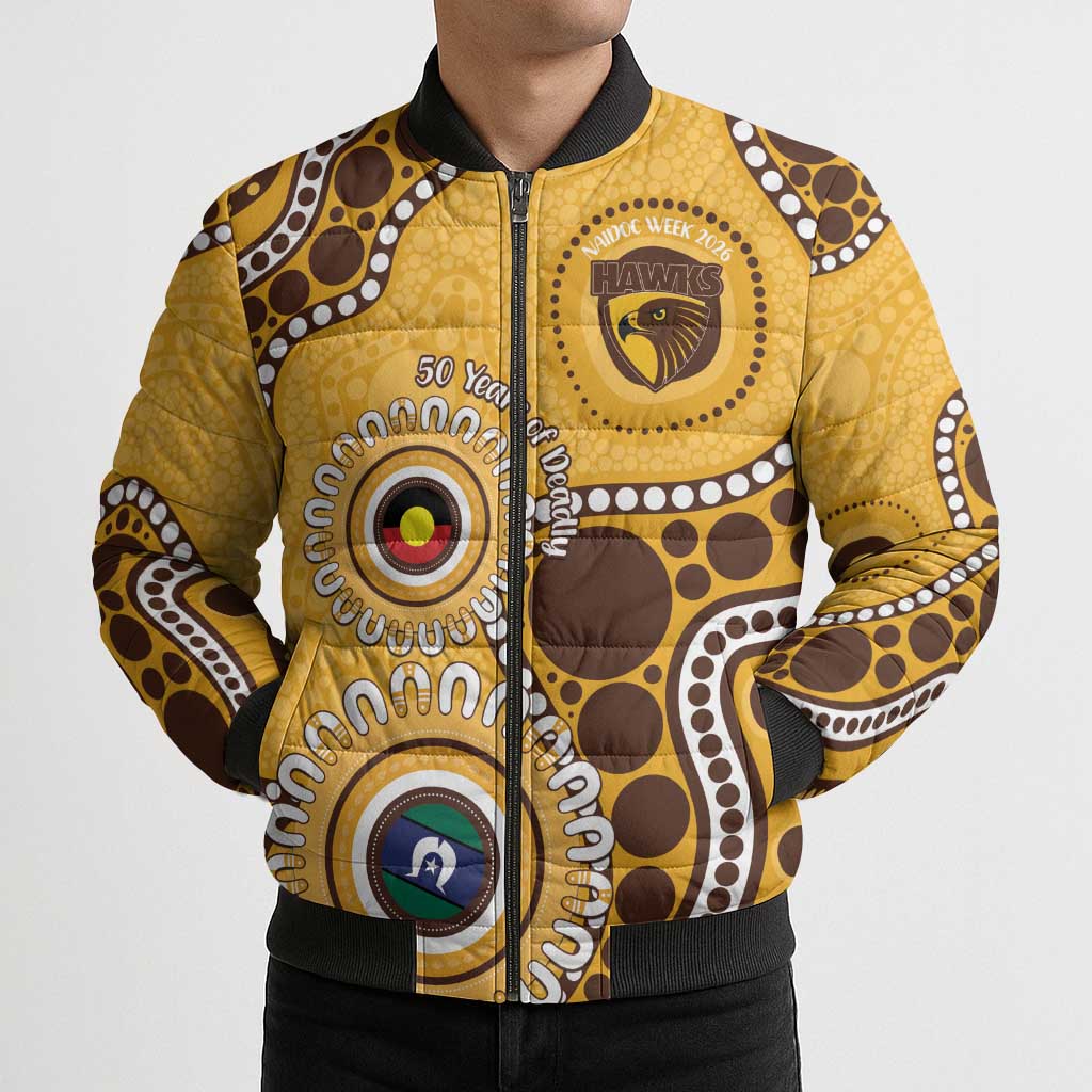 Hawthorn NAIDOC 2026 Personalised Bomber Puffer Jacket 50 Years of Deadly Aboriginal Art