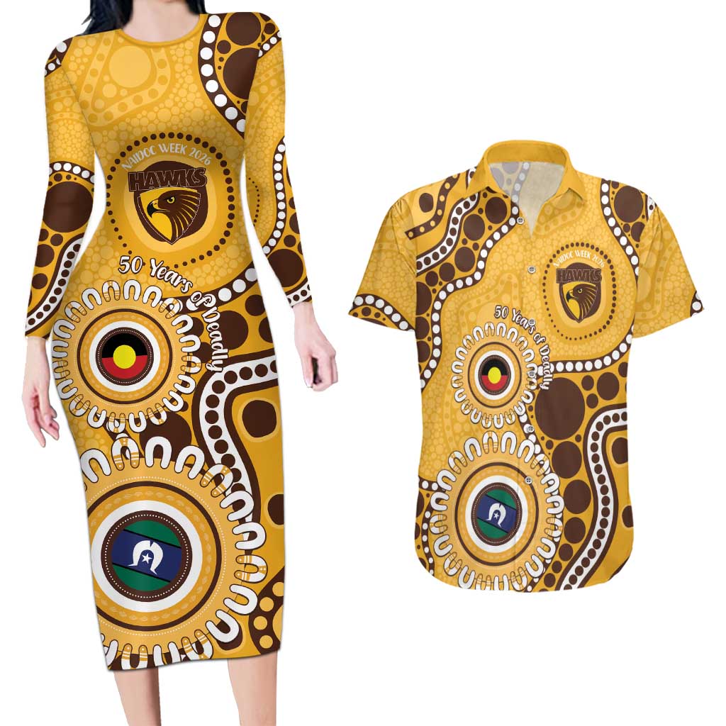 Hawthorn NAIDOC 2026 Personalised Couples Matching Long Sleeve Bodycon Dress and Hawaiian Shirt 50 Years of Deadly Aboriginal Art