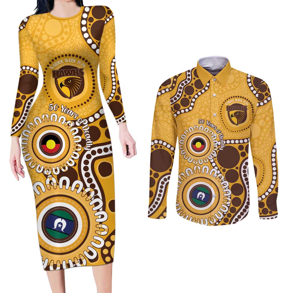 Hawthorn NAIDOC 2026 Personalised Couples Matching Long Sleeve Bodycon Dress and Long Sleeve Button Shirt 50 Years of Deadly Aboriginal Art