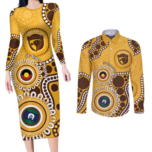 Hawthorn NAIDOC 2026 Personalised Couples Matching Long Sleeve Bodycon Dress and Long Sleeve Button Shirt 50 Years of Deadly Aboriginal Art