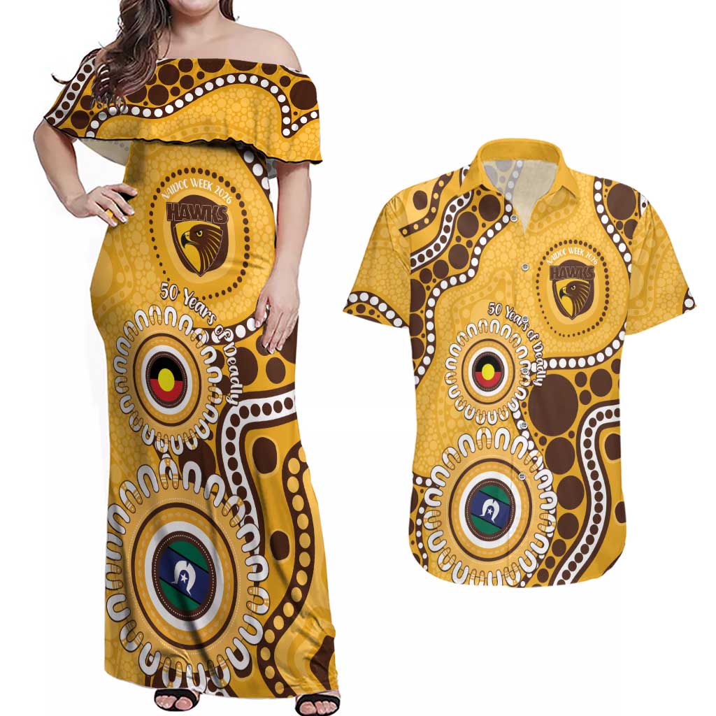 Hawthorn NAIDOC 2026 Personalised Couples Matching Off Shoulder Maxi Dress and Hawaiian Shirt 50 Years of Deadly Aboriginal Art
