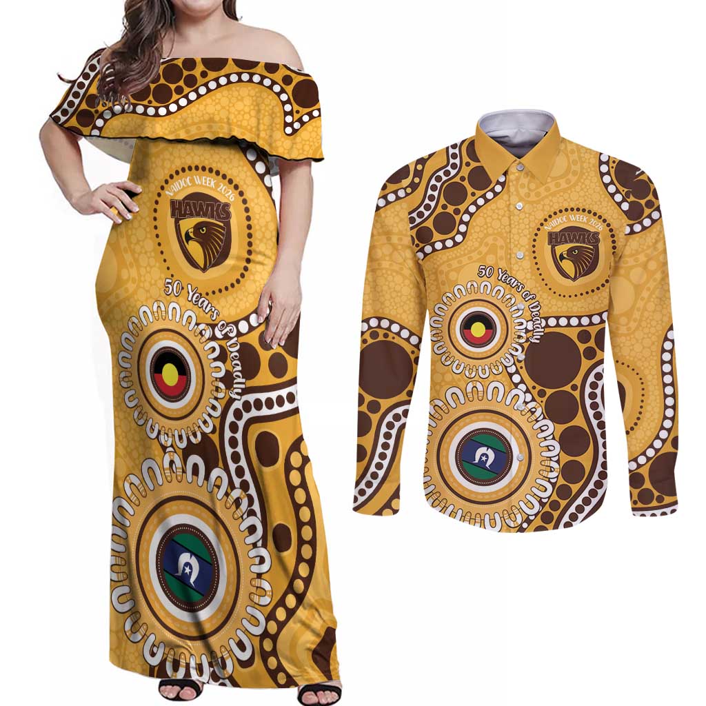 Hawthorn NAIDOC 2026 Personalised Couples Matching Off Shoulder Maxi Dress and Long Sleeve Button Shirt 50 Years of Deadly Aboriginal Art