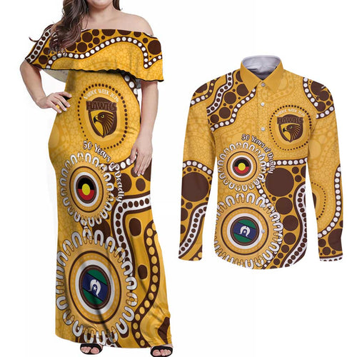 Hawthorn NAIDOC 2026 Personalised Couples Matching Off Shoulder Maxi Dress and Long Sleeve Button Shirt 50 Years of Deadly Aboriginal Art