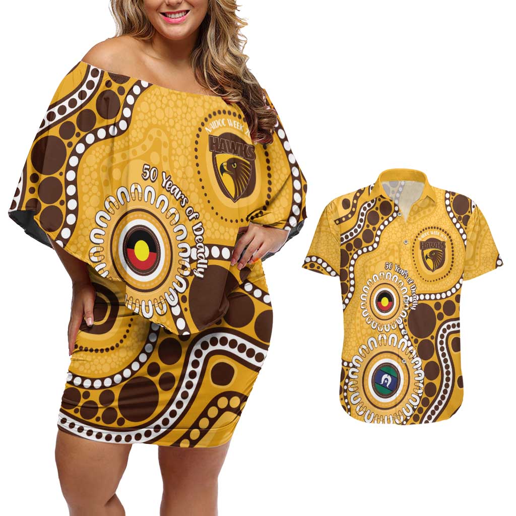 Hawthorn NAIDOC 2026 Personalised Couples Matching Off Shoulder Short Dress and Hawaiian Shirt 50 Years of Deadly Aboriginal Art