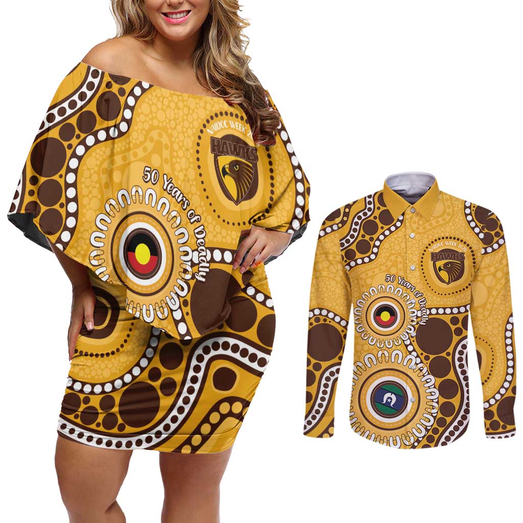 Hawthorn NAIDOC 2026 Personalised Couples Matching Off Shoulder Short Dress and Long Sleeve Button Shirt 50 Years of Deadly Aboriginal Art