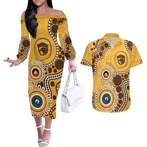 Hawthorn NAIDOC 2026 Personalised Couples Matching Off The Shoulder Long Sleeve Dress and Hawaiian Shirt 50 Years of Deadly Aboriginal Art