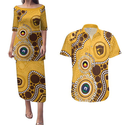 Hawthorn NAIDOC 2026 Personalised Couples Matching Puletasi and Hawaiian Shirt 50 Years of Deadly Aboriginal Art