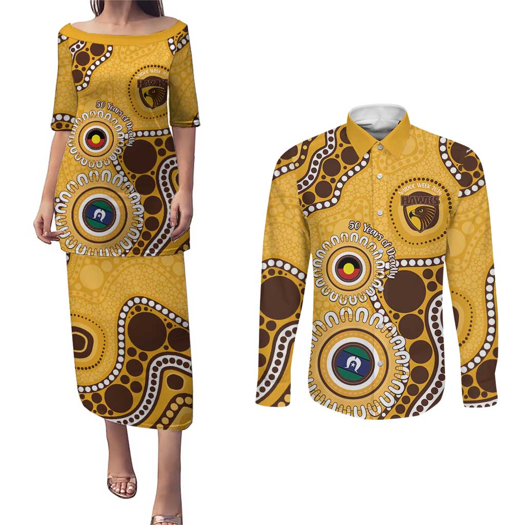 Hawthorn NAIDOC 2026 Personalised Couples Matching Puletasi and Long Sleeve Button Shirt 50 Years of Deadly Aboriginal Art