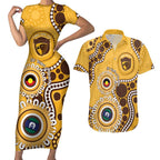Hawthorn NAIDOC 2026 Personalised Couples Matching Short Sleeve Bodycon Dress and Hawaiian Shirt 50 Years of Deadly Aboriginal Art