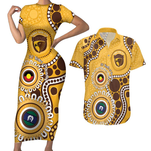 Hawthorn NAIDOC 2026 Personalised Couples Matching Short Sleeve Bodycon Dress and Hawaiian Shirt 50 Years of Deadly Aboriginal Art