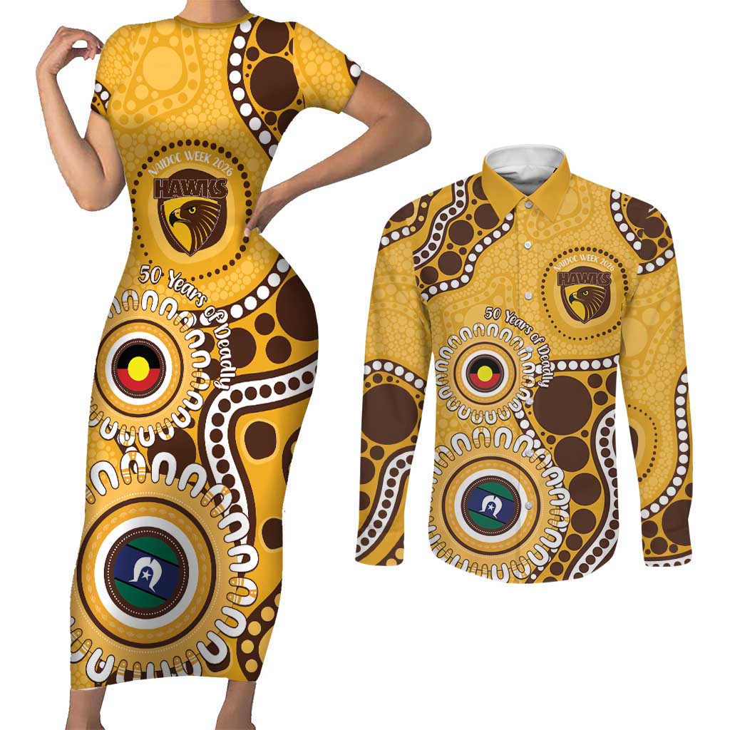Hawthorn NAIDOC 2026 Personalised Couples Matching Short Sleeve Bodycon Dress and Long Sleeve Button Shirt 50 Years of Deadly Aboriginal Art