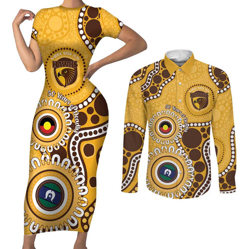 Hawthorn NAIDOC 2026 Personalised Couples Matching Short Sleeve Bodycon Dress and Long Sleeve Button Shirt 50 Years of Deadly Aboriginal Art