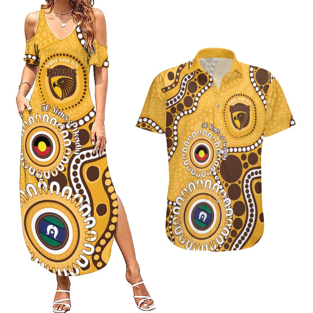 Hawthorn NAIDOC 2026 Personalised Couples Matching Summer Maxi Dress and Hawaiian Shirt 50 Years of Deadly Aboriginal Art